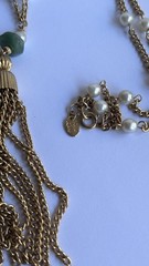 Vintage Park Lane Tassel Necklace With Faux Pearl & Jade Gold Tone Chain L198