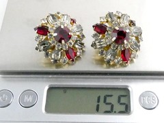 Vintage Hobe Red and White Clear Rhinestone Clip on Earrings 7/8 Inch Diameter