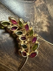 Vintage Gold Tone Domed Leaf Pin/Brooch w/ Pink and Green Prong Set Glass Stones