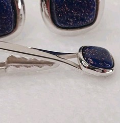 SHIELDS Cufflinks Tie Clasp Set Vintage Copper Sparkle Blue Glass Faux Lapis