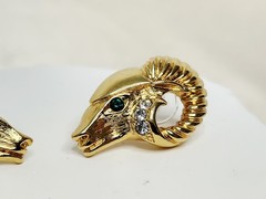 Pair KJL For Avon Gold Tone Green Eyed Ram Head Post Earrings