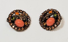 Vintage Alice Caviness Coral Topaz Green Rhinestone Rope Earrings