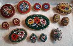 VTG/Antique 14pc Micro Mosaic Jewelry Mix Brooches & Earrings Gold/Silver Toned