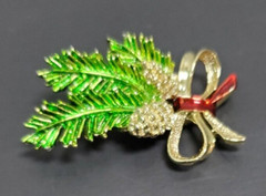 Enamel Pine Cone Fir Branch Bow Holiday Christmas Pin Brooch Gerrys Goldtone 2″