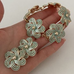 Vintage Pastel Blue Enamel Flower Set Earrings Necklace Clip On Earrings Spring