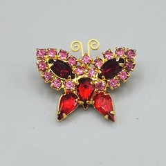 Vintage Petite Butterfly Red Pink Rhinestone Gold Tone Figural Pin Brooch