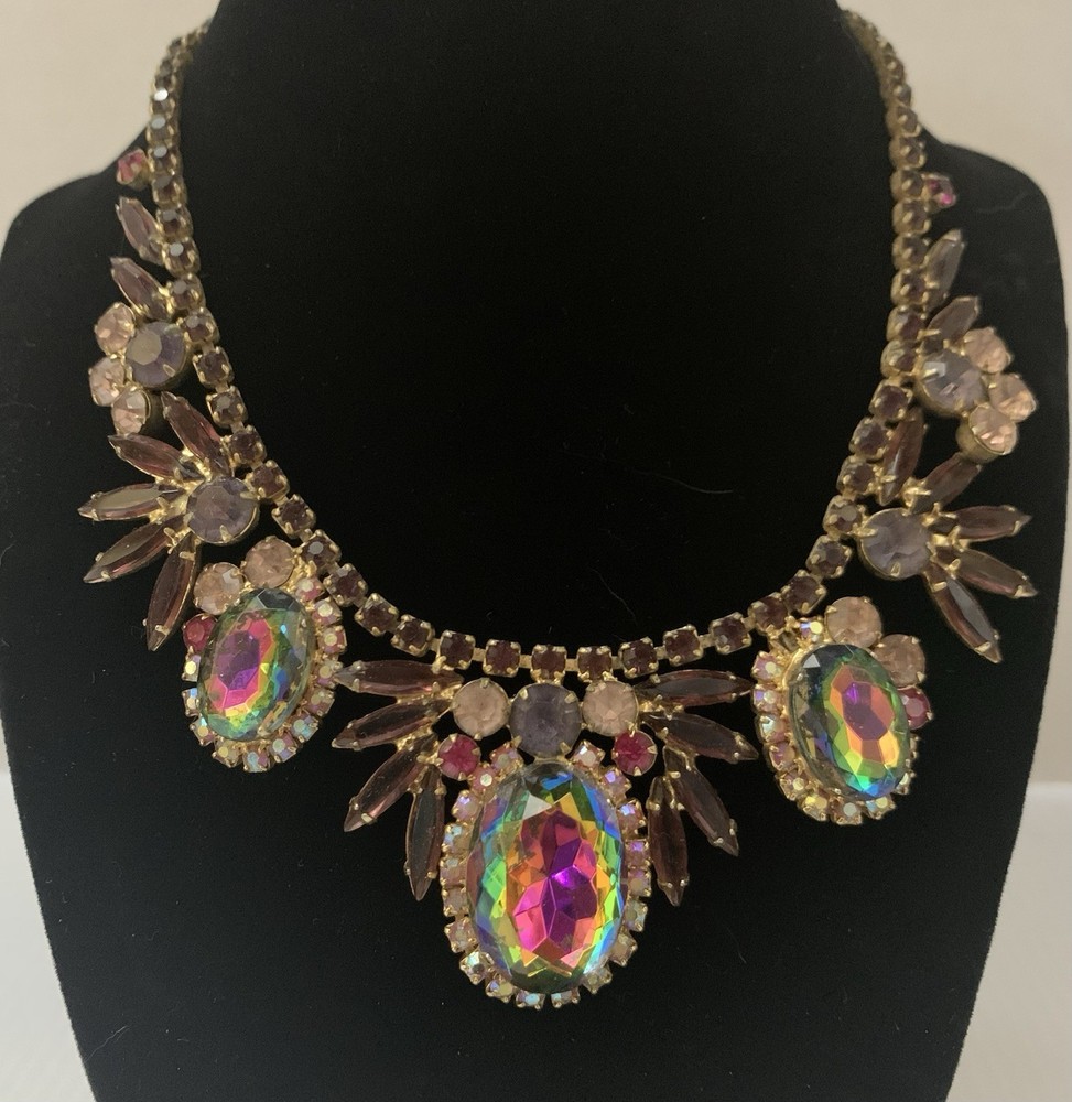 Vtg 1960’s Juliana D & E Watermelon Heliotope Rhinestone Necklace 15″