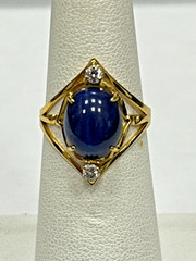 Antique European 585 14k Yellow Gold SYN Star Sapphire And Diamond Ring Size 5.5