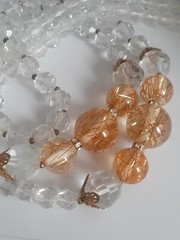 Miriam Haskell gold confetti lucite & clear fauceted glass Bead Necklace