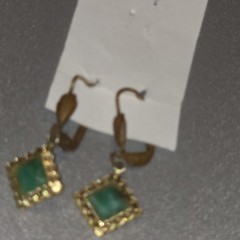 Vintage Goldtone Square Green Jade Dangle Earrings Ornate Beaded Frame Leverback