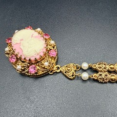 Vintage West Germany Pink Cameo Necklace Exceptional Brass Filigree 1960s