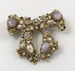 Vintage Signed Hollycraft Faux Pearl Fire Opal Bow AB Rhinestone Brooch Pin. #42