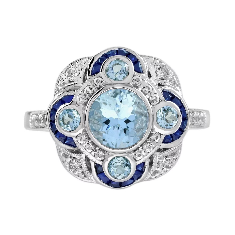Art Deco Style Lab Created Diamond Aquamarine Sapphire Ring 14K White Gold FN