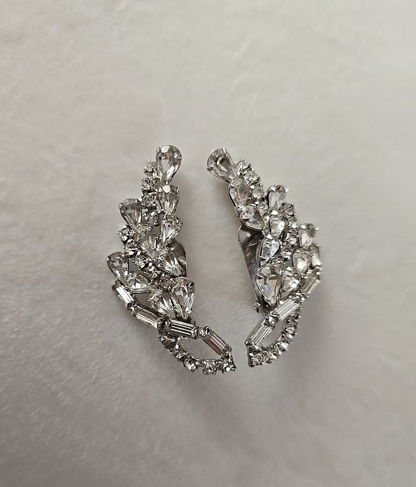 1950’s Ear Climbers Clip On Earrings Clear Rhinestone 2″