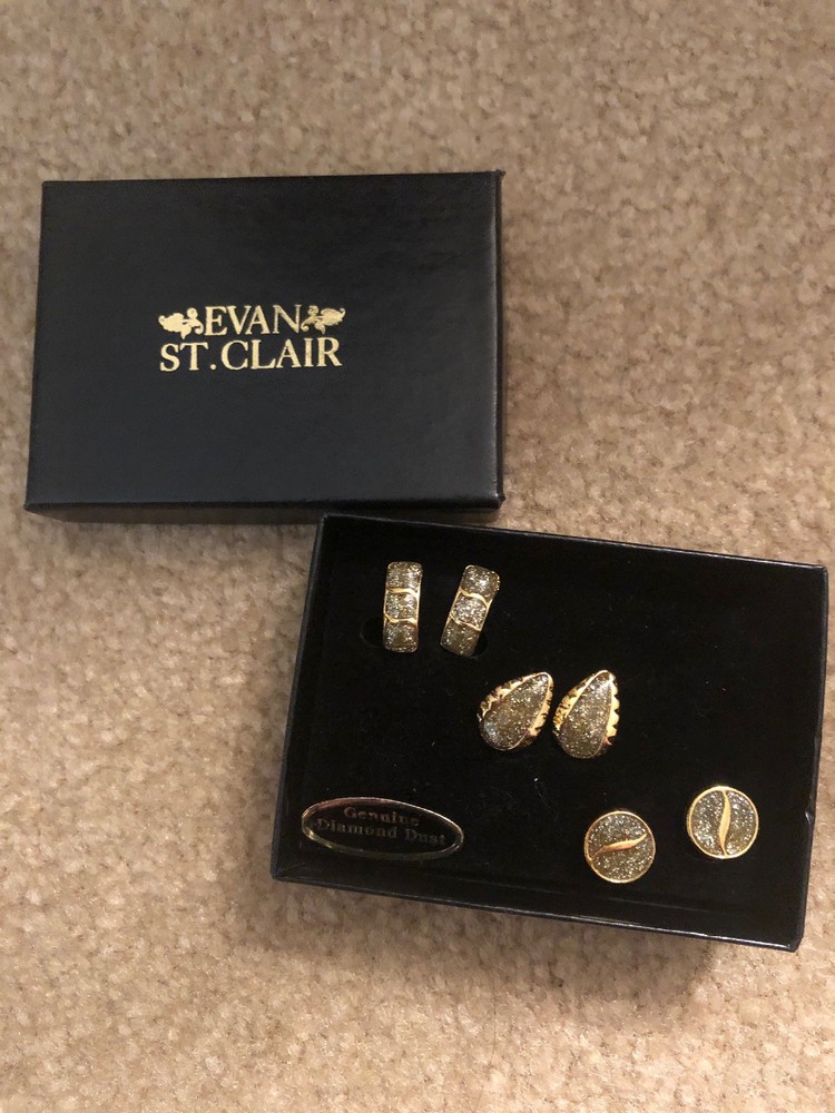 Evan St. Clair, 3 Pair of Gold Tone and Genuine Diamond Dust Clip Earrings, NIB