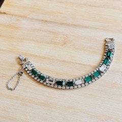 VTG Faux Emerald Rhinestone Bracelet Art Deco Rhodium Plated Elegant Regency 7″