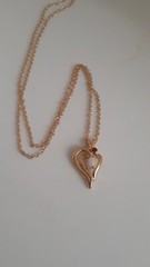 Vintage Opal & Red Gemstone Half Heart Pendant necklace. Gold Tone. 18 In.