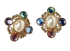 Lady Remington VTG Gold Tone Multicolor Crystal Pearl Clip Earrings 1” NOS Gift