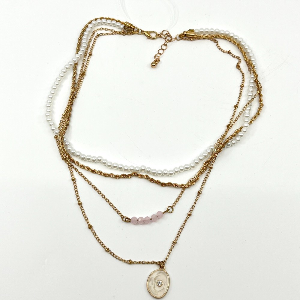 Necklace Vintage Gold Tone Multi-Layered Faux Pearl Pink Bead Oval Medallion