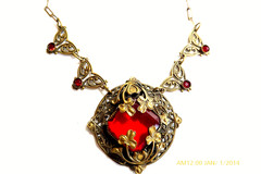 RARE ANTIQUE ART DECO CZECH RED CRYSTAL FILIGREE NECKLACE EARRINGS SET