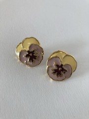 Vintage Pansy Flower Pierced Earrings With Yellow, Lavender & Mauve Enamel