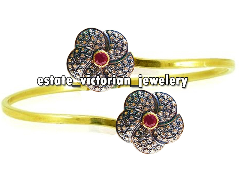 2.90ctw Rose Cut Diamond Ruby Studded Silver Victorian Bangle Bracelets Jewelry