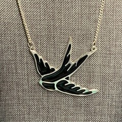 Bird In Flight Necklace 17 In Black Enamel Silver Chain Flying Retro BoHo Glam