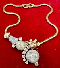 Joseph MAZER BROS Art Glass Blue Gold Cabochon Rhinestone Collar Necklace Jomaz