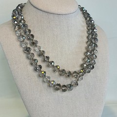 Vintage Smoky Gray Crystal Necklace Beaded Long Strand Magnetic Clasp 38″
