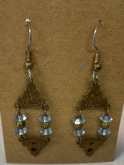 Used Vintage Gold Dangle Earrings With Blue Color Stone
