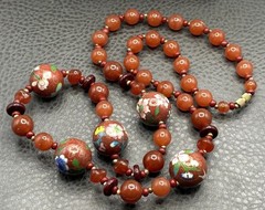 VTG Bird Butterfly Asian Cloisonne Carnelian Bead Hand Knotted Necklace 28”