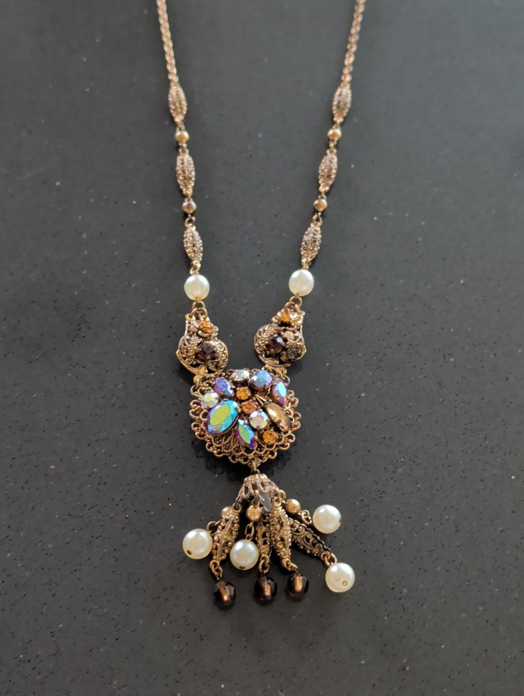Vintage West Germany Aurora Borealis Rhinestone Filigree Necklace 22” S84