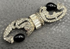 Vintage 1930’s Art Deco Black Faux Onyx Glass Rhinestone Brooch Pin READ
