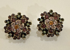 Vintage LaVintage Antiqued Gold Brass Purple Crystals Flowers Earrings Pierced
