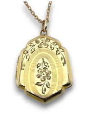 Antique Edwardian Gold Filled Shield Locket Necklace Floral Engraved 21 In