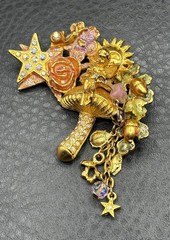 Kirks Folly Gold Tone Angel Cherub Sun Mushroom AB Rhinestone Enamel Brooch Pin