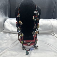 Vtg Indian Glass Beads Stone Nuggets and Seven Puffed Animals Cord Necklace.Read