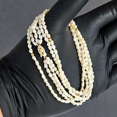 Vintage 14K Gold Three Strand Freshwater Pearl Bead Necklace