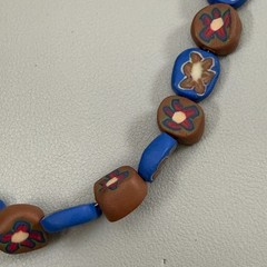 Vintage Millefiori Polymer Clay Bead Necklace Blue Brown Floral 18″