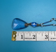 Antique Art Deco Blue Czech Glass Teardrop Necklace 21” Brass Filigree 1920s