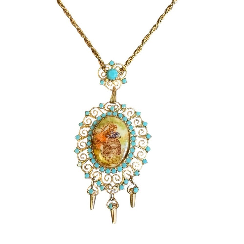 Juliana D&E Necklace Book Piece Courting Couple Transfer Cabochon Turquoise Vtg
