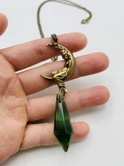 Vintage Art Nouveau Style Bronze Crescent Moon Goddess Green Drop-down Necklace
