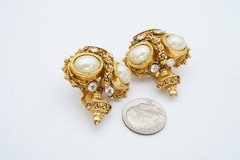 Vintage Graziano Clip On Earrings Gold Tone Faux Pearl Rhinestone Crown