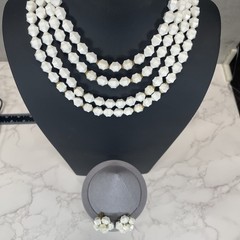 West Germany Lucite White Aurora Borealis Beads Necklace & Clip on Earrings