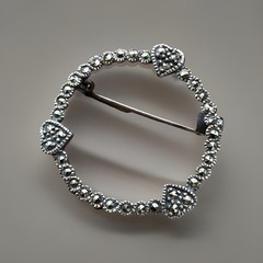 Sterling Silver 925 Marcasite Hearts Circle Brooch Pin Circle Of Love 1 1/8 Inch
