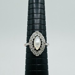 Vintage Moonstone And CZ Marquise Ring In Silver Tone Victorian Style Retro