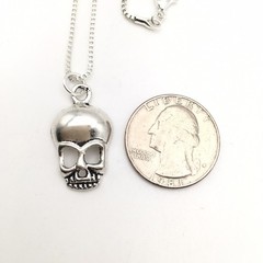 Silver Tone Costume Skull Charm Pendant Box Chain Necklace 18” #19