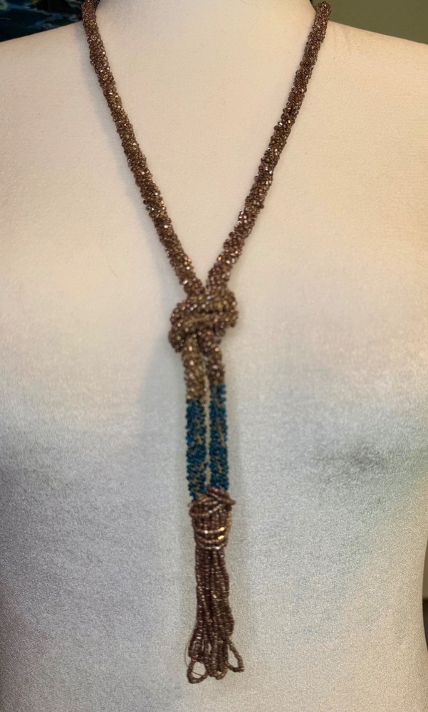 Antique 1920s 1930s Bead Rope Lariat Necklace Art Deco Bronze Teal Glass