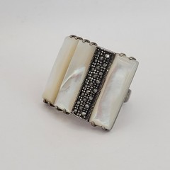 Vintage Sterling Silver Mother of Pearl Marcasite Panel Statement Ring Size 6.25