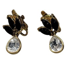 Trifari Clip On Earrings Black & Clear Dangling 1990s Vintage Gold Tone